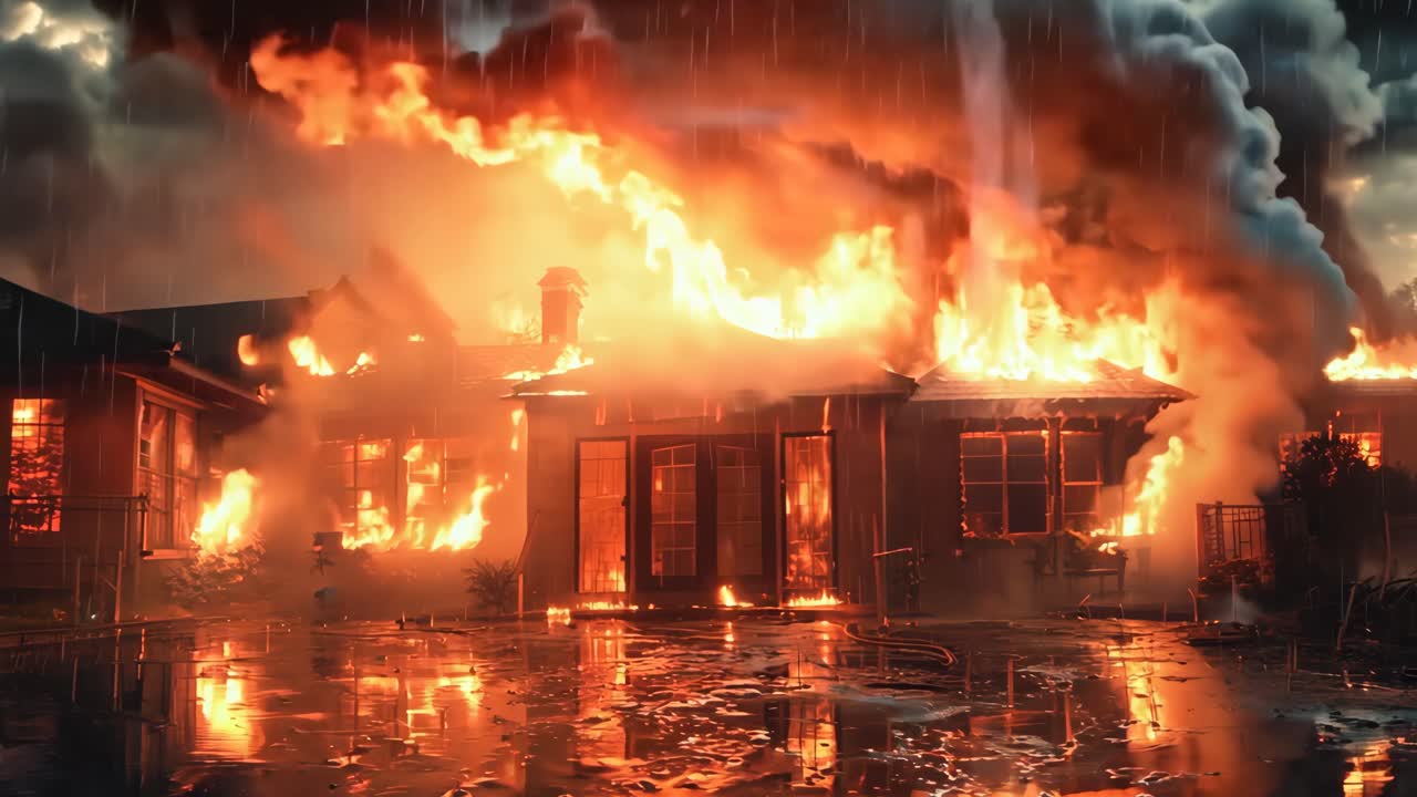 A house is on fire and the fire is very large. The house is surrounded by water and the fire is reflected in the water