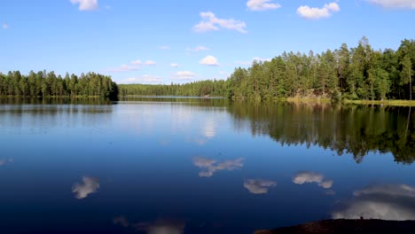 time lapse of beautiful lake and forest with blue sky and clouds