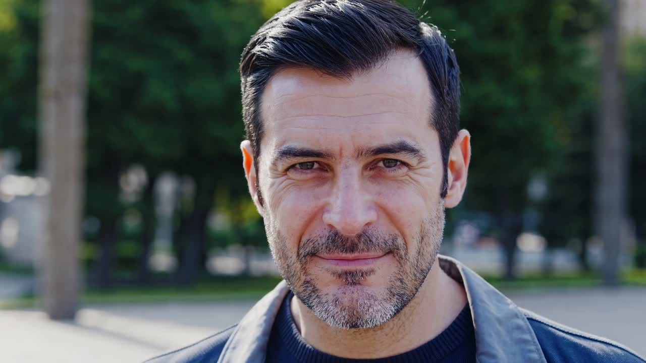 Friendly adult male with short dark hair sporting casual gray jacket, radiating positive energy while standing in peaceful park setting