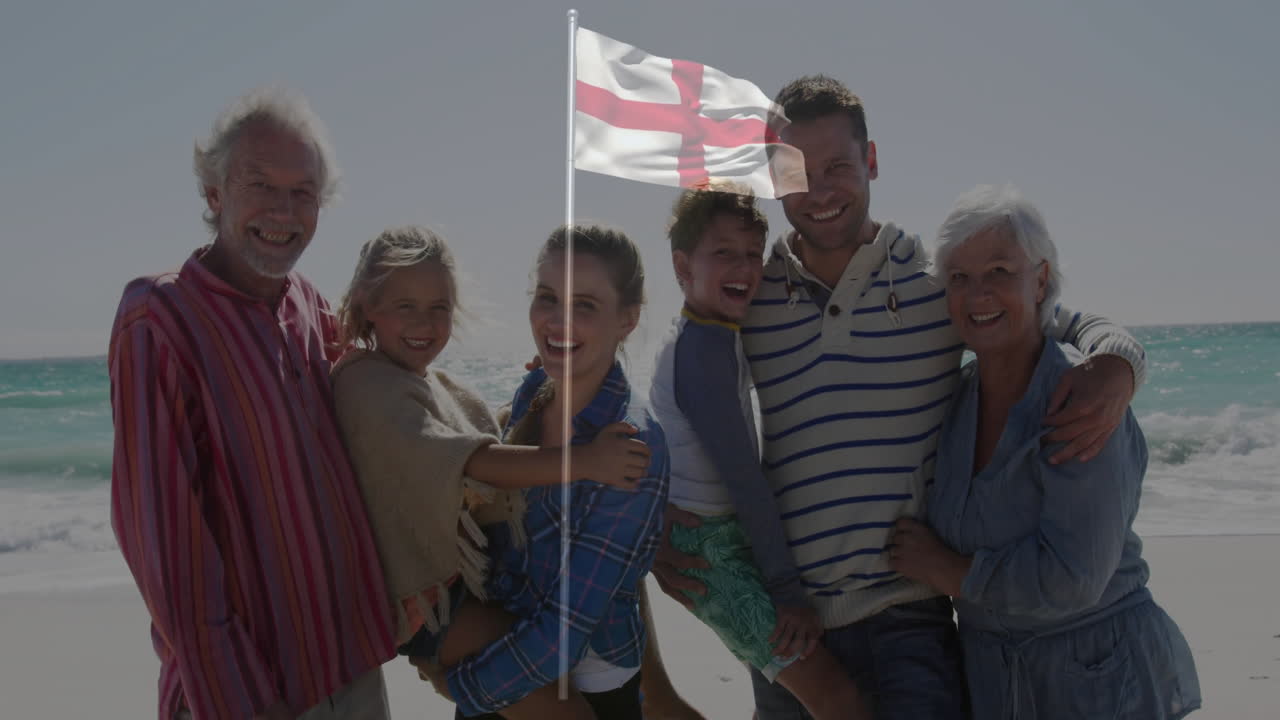 Posing with English flag, family smiling on sunny beach, creating animation