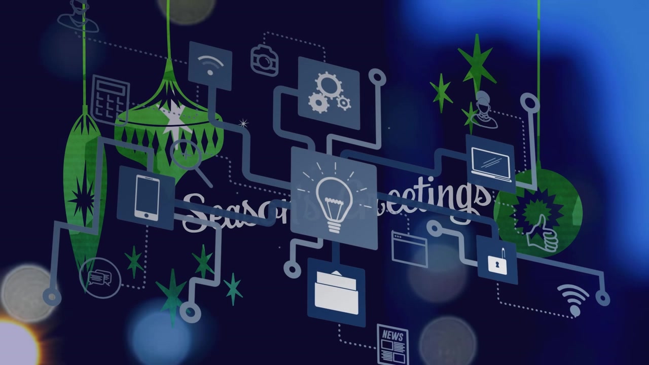 Animation af netværk af digitale ikoner over hængende dekorationer og tekstbanner med sæsonhilsner
