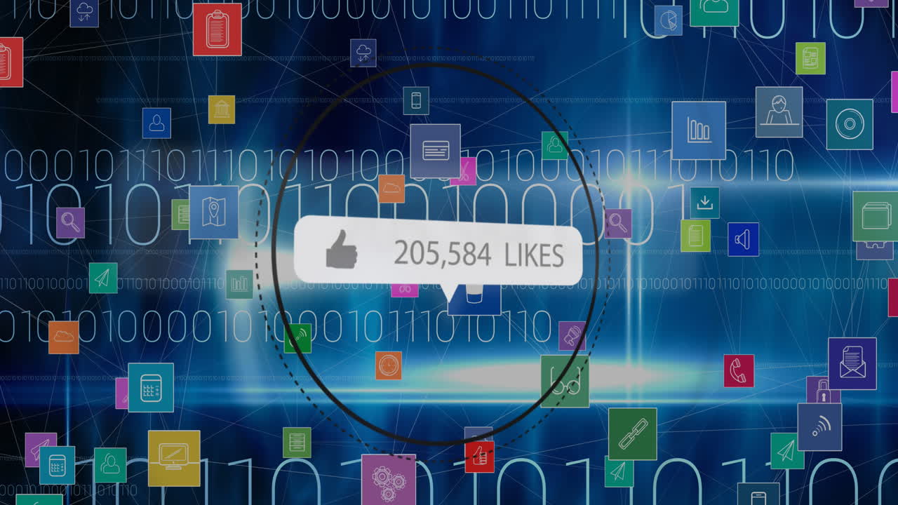 Animation of speech bubble with likes and numbers, digital icons over binary coding on blue