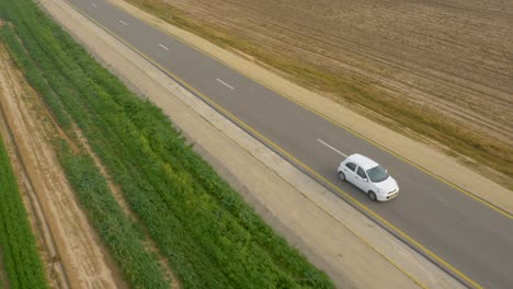 aerial tracking small car driving on sealed road between agriculture crop fields