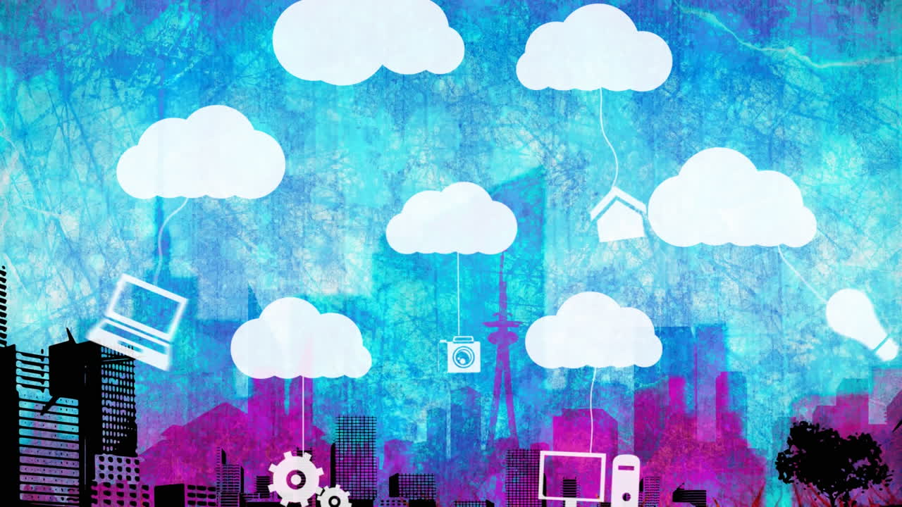 animación de nubes e iconos digitales en línea sobre el paisaje urbano