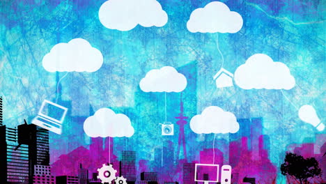 animación de nubes e iconos digitales en línea sobre el paisaje urbano