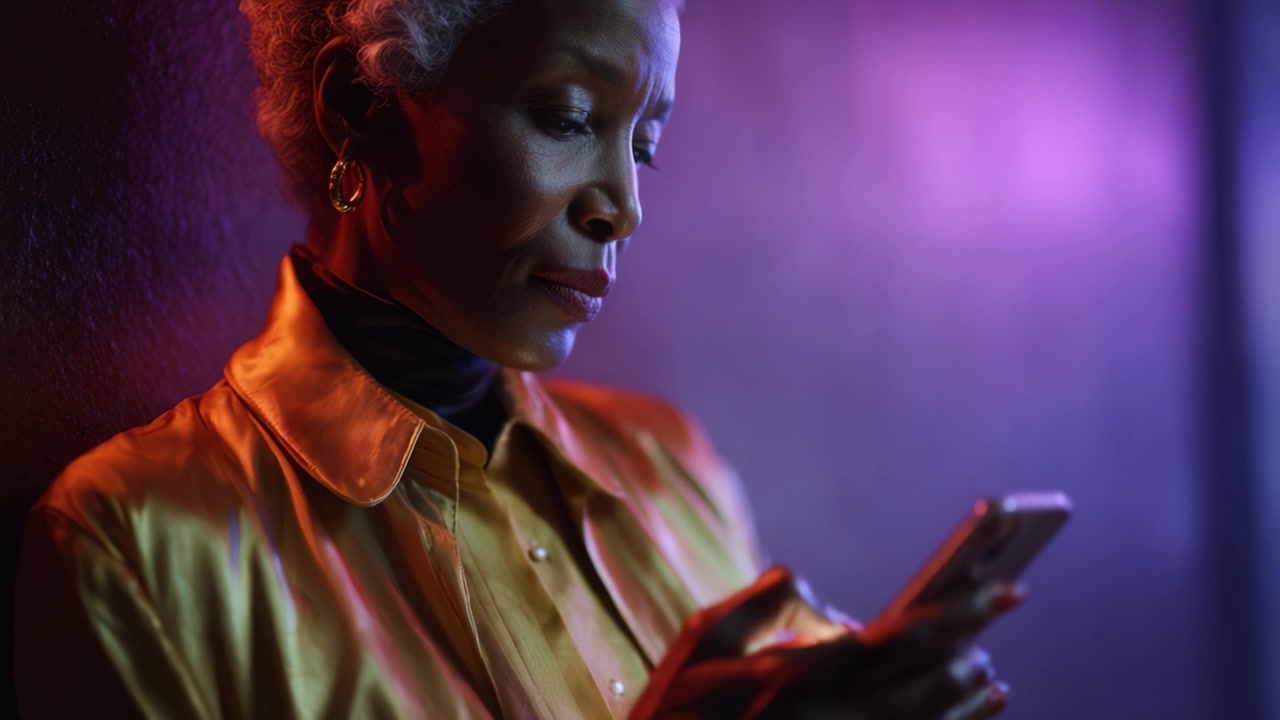A thoughtful woman engages with her smartphone, illuminated by vibrant purple and blue lighting, showcasing a moment of connection and contemplation.