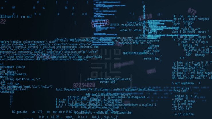 Animation of qr code over text and data processing on black background