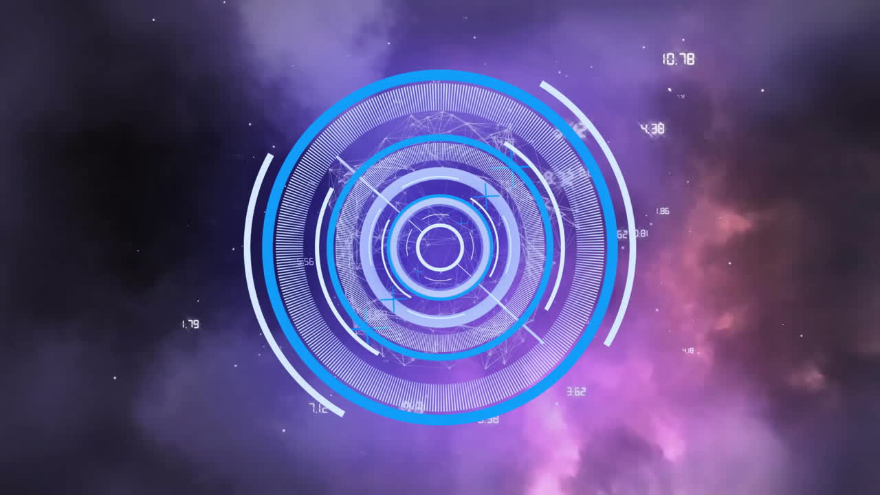 animación de escáner circular procesamiento de datos y red sobre el cielo nocturno tormenta de relámpagos