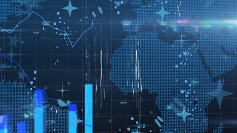 animation of data processing over stars and world map on black background
