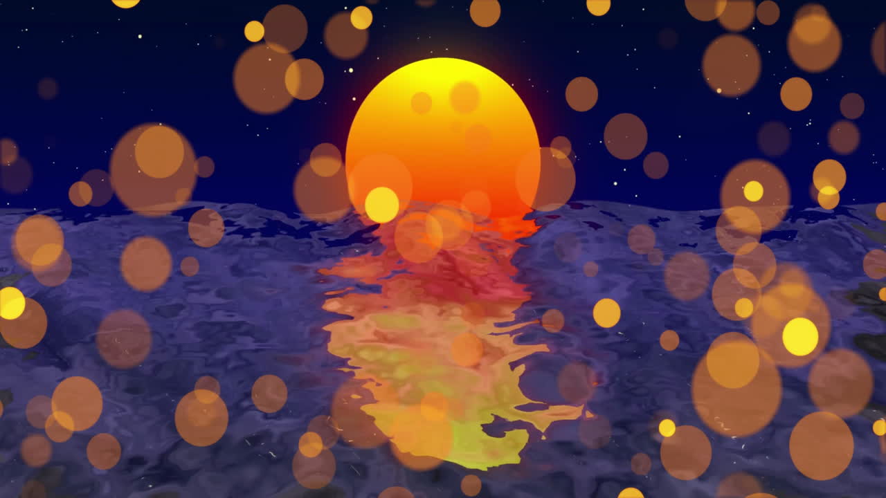 Animation of light spots over digital sea and sun on black background