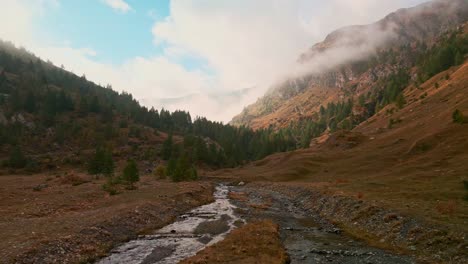 Arroyo-Que-Fluye-A-Través-De-Valles-En-Hermosas-Montañas-En-Colores-Otoñales-Con-Abetos-Verdes-En-Valle-Argentera,-Italia-Al-Amanecer