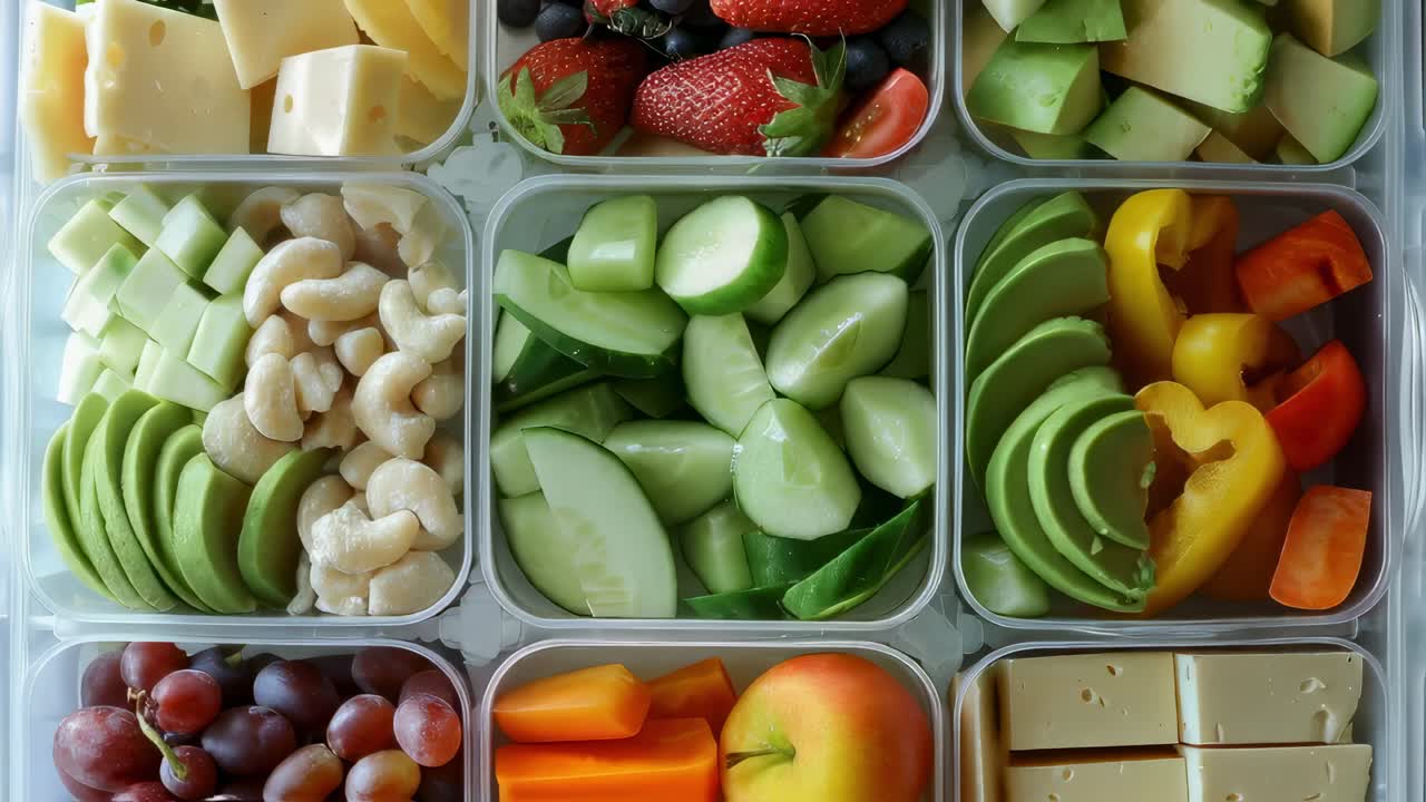 Colorful display of fresh fruits, vegetables, and sliced cheese arranged in containers, showcasing a healthy assortment ideal for snacking or meal prep