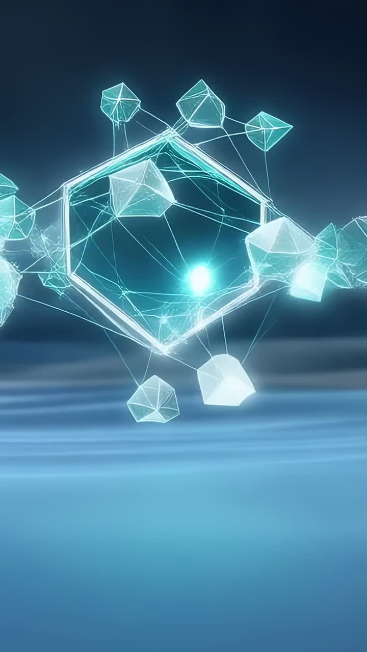 Vertical video: Drifting hexagon frame reacting to orb pulse rotating, shifting nodes over calm sea