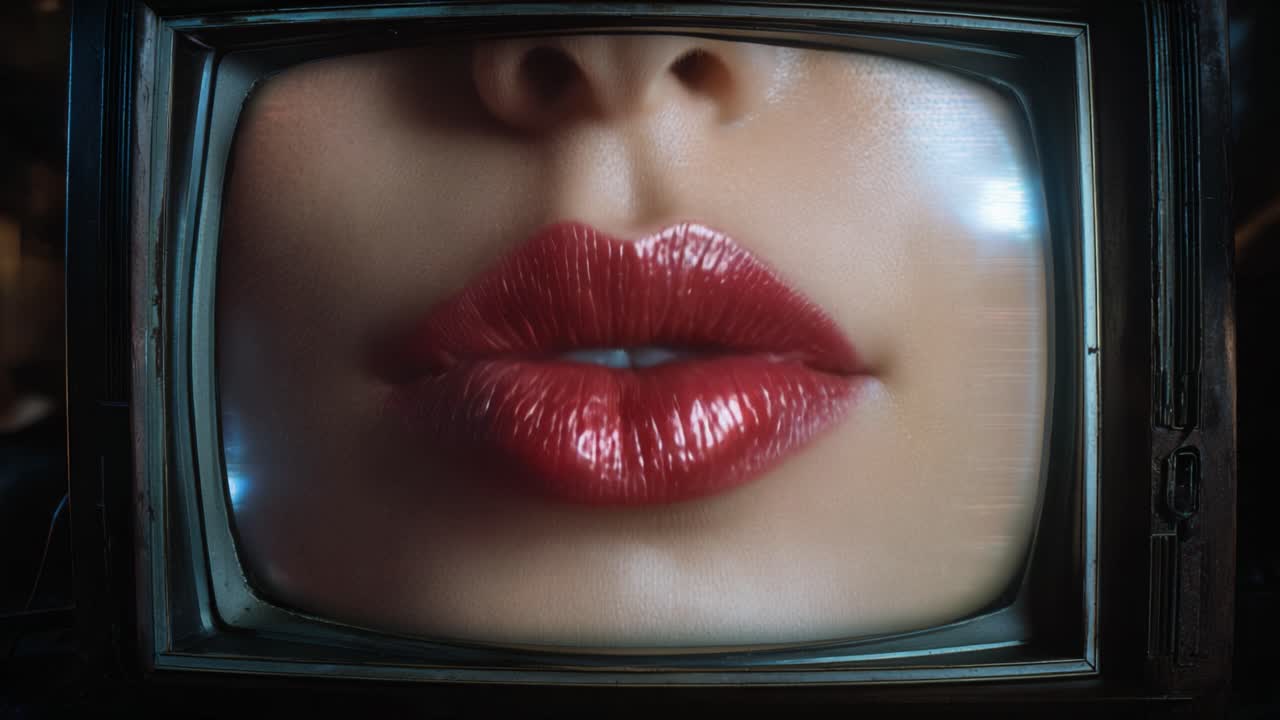 Primo piano di labbra lucide visualizzate su uno schermo televisivo vintage, che evidenzia un audace rossetto rosso e una bellezza sensuale, catturando l'essenza del glamour e del fascino.