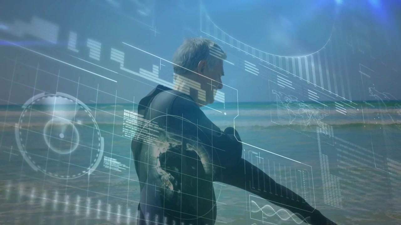 Senior man standing in surf, pushing tethered tool rotating and scanning marine seabed via HUD
