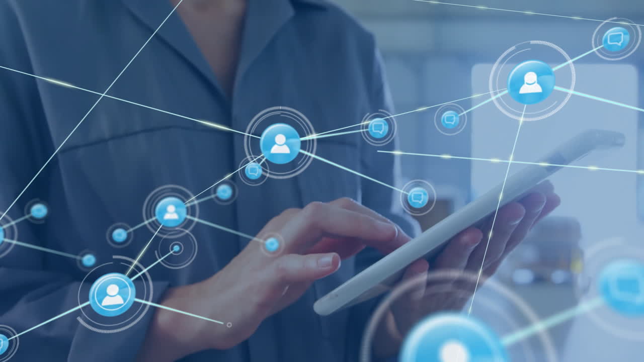 animación de la red de conexiones con personas iconos sobre mujer caucásica usando tableta