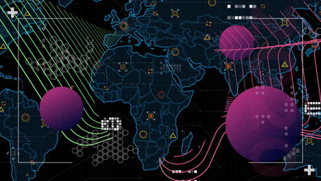 Animation-of-world-map-and-data-processing-on-black-background