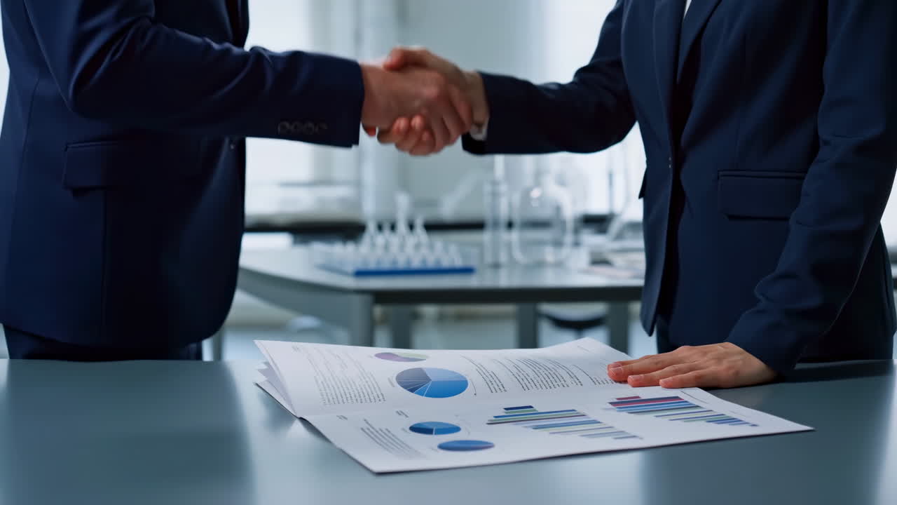 Professionisti d'affari che si stringono la mano su documenti finanziari in ufficio