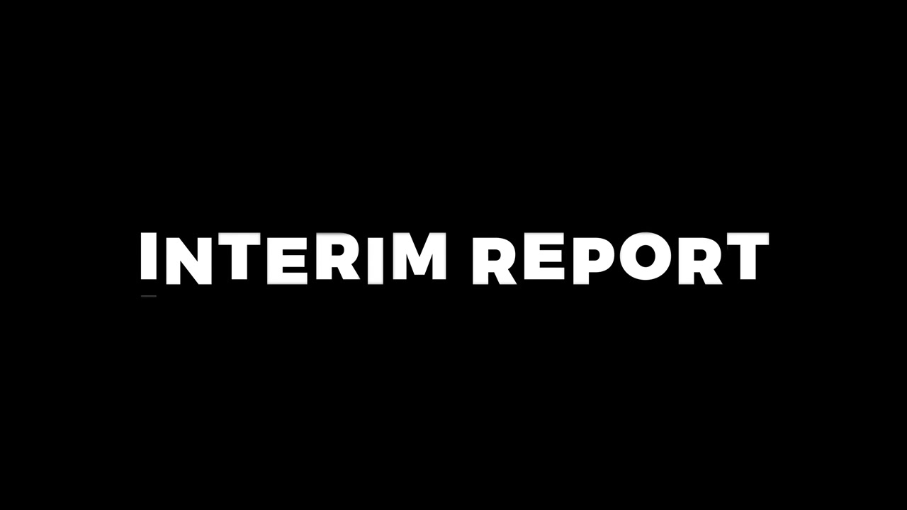 A modern white text animation for an interim report company presentationpsession rolls in over a black background, creating a sharp, clean finance session opener for corporations