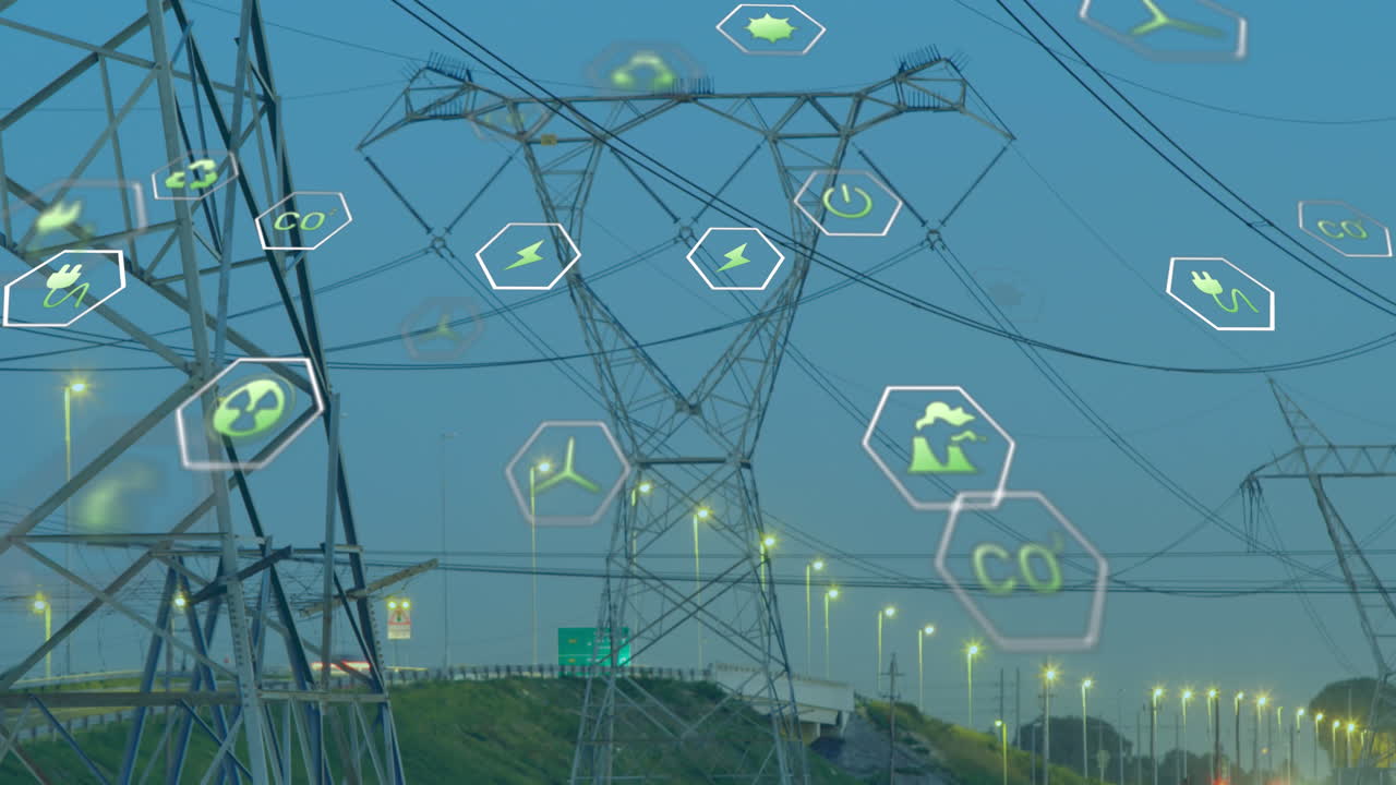 animación de iconos digitales sobre líneas eléctricas