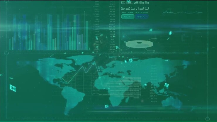 Digital animation of interface with world map and data processing against green background