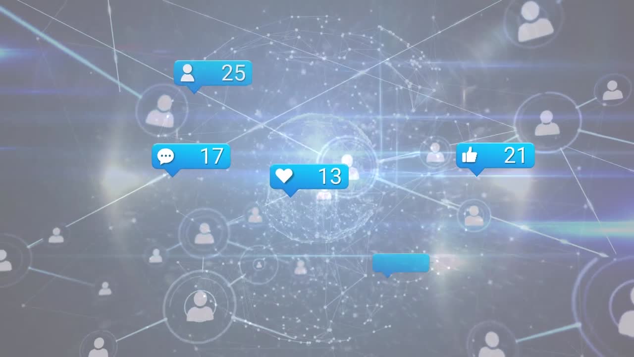 파란색 배경 위의 데이터 처리 및 미디어 아이콘의 애니메이션