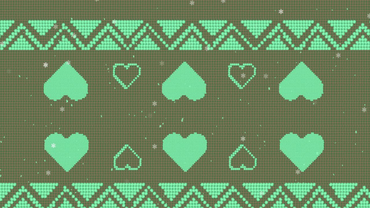 Animation of christmas snow falling over pattern on green background