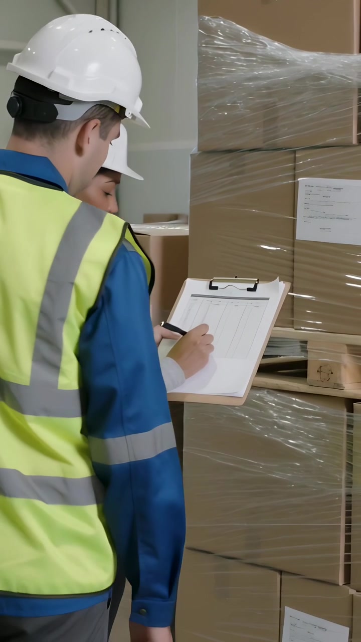 Video verticale: Due membri del personale in gilet che controllano un pallet in magazzino dopo aver applicato le etichette, con un blocco note e spazio per il testo.