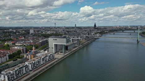 view of bridges crossing the river rhine, cologne cityscape and blue sky