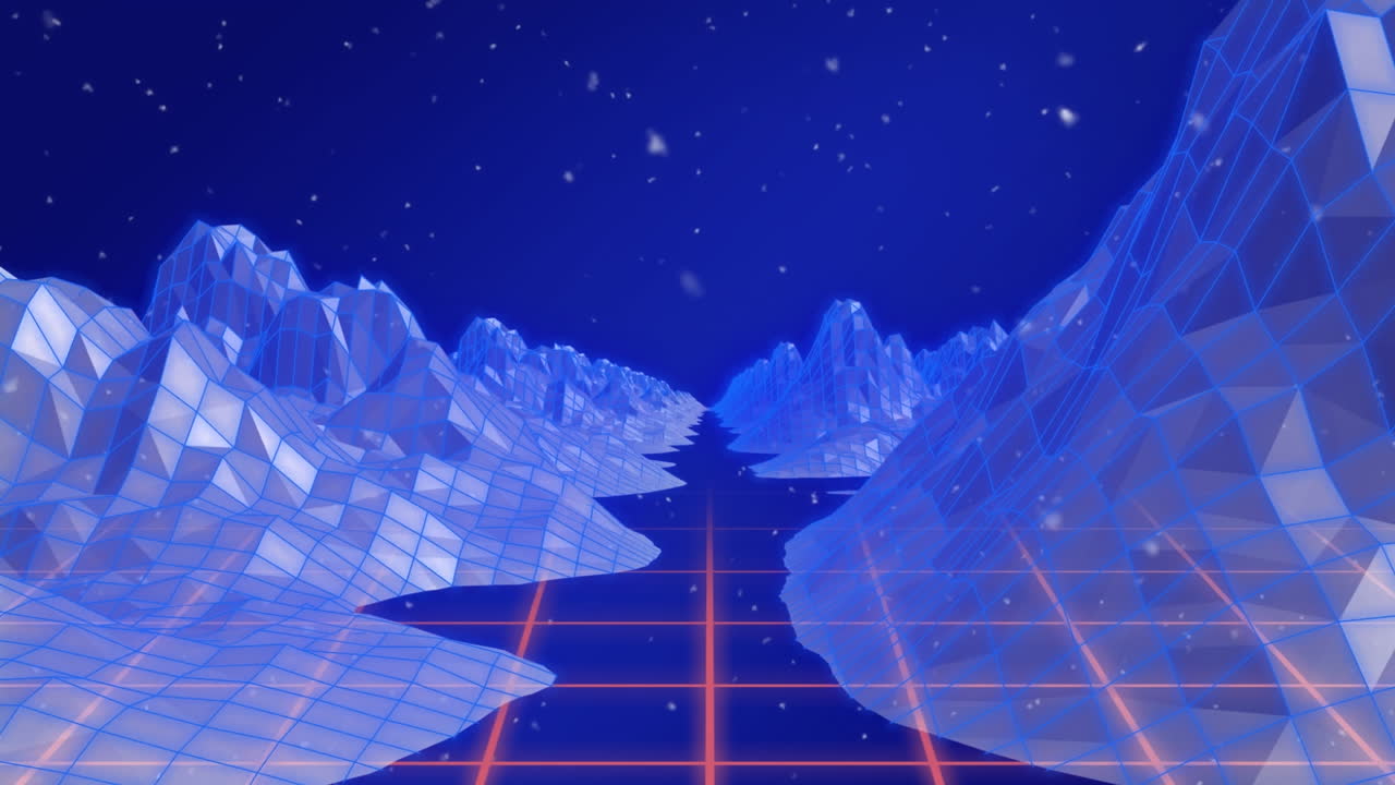 파란색 배경에 디지털 산 위에 내리는 눈의 애니메이션