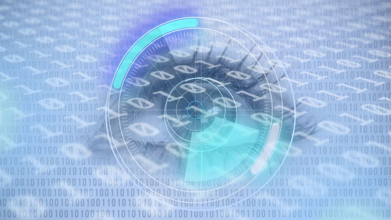 둥근 스캐너와 바이너리 코딩 데이터 처리 여성 눈의 클로즈업에 대해