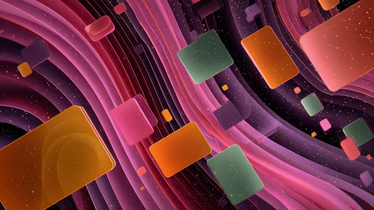Abstract animation featuring vibrant, multicolored rounded squares and glittery particles gracefully flowing over a dynamic background of smooth, undulating purple and pink wavy lines