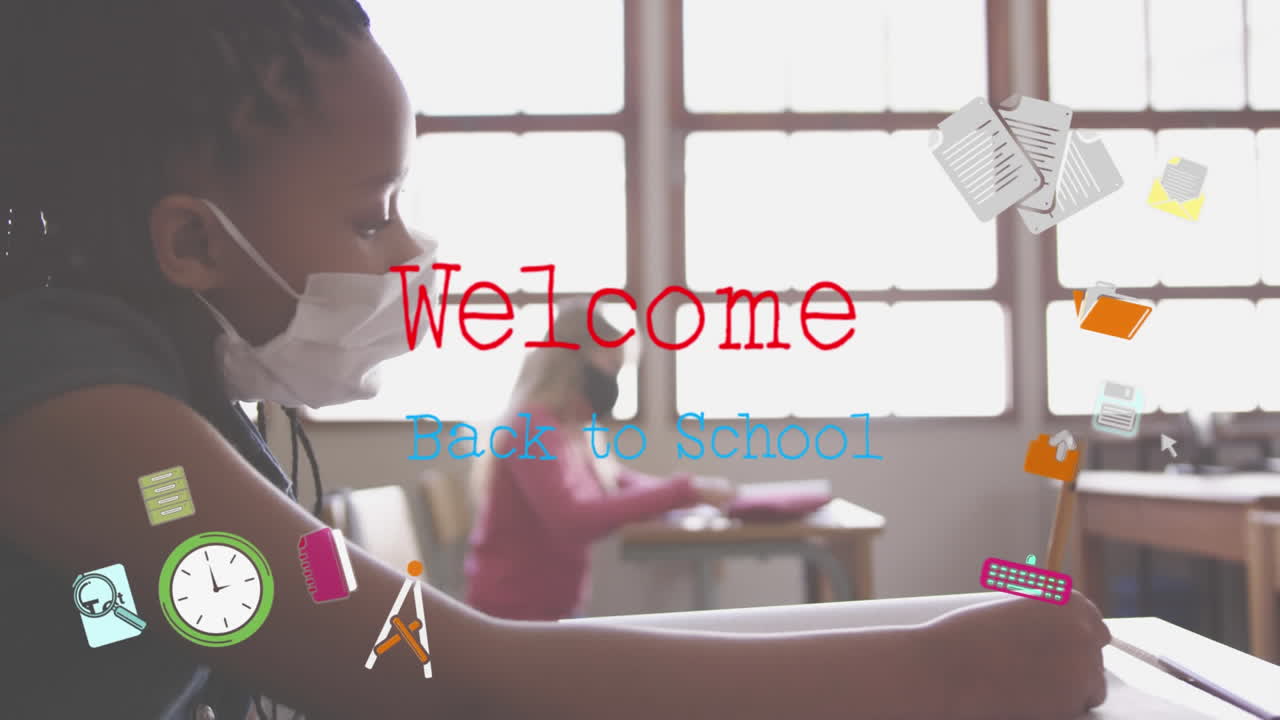 Animation of words welcome back to school over girl wearing face mask sitting in classroom