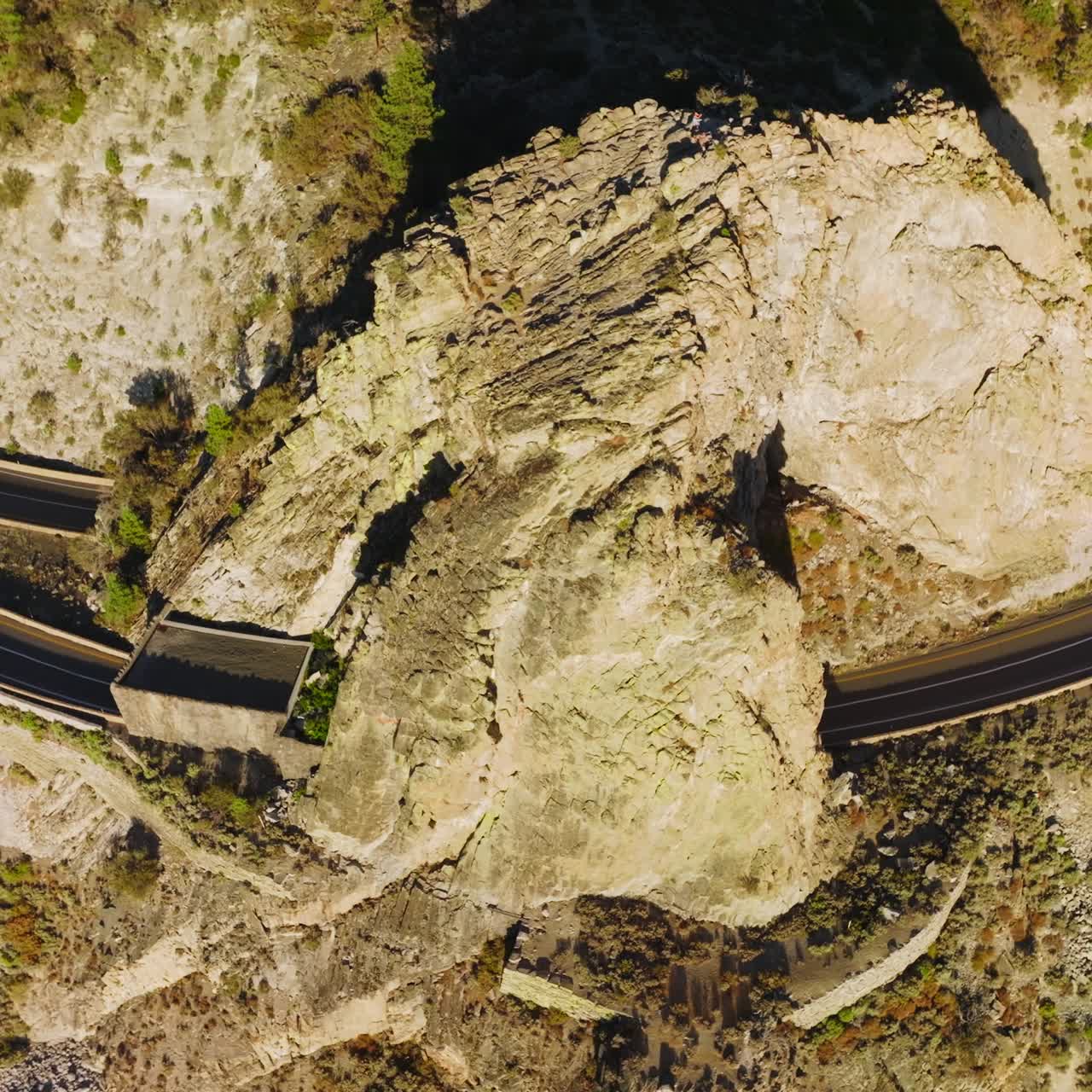 Aerial Cave Rock tunnel along the eastern shore of Lake Tahoe. Beautiful rocky outdoor scnery