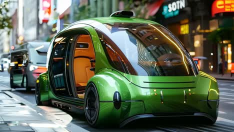 a green car parked on the side of a city street