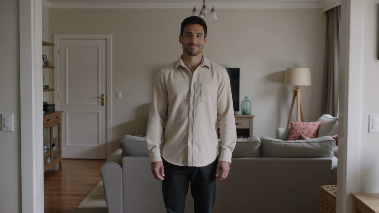 Uomo in camicia beige che esce dalla porta e si muove nel soggiorno, saluta la telecamera, con un divano grigio.