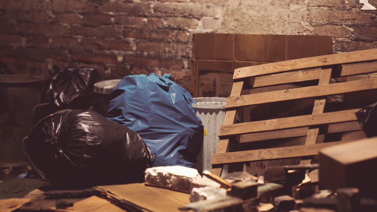 Unkempt storage area with garbage bags and wooden pallets in dim lighting
