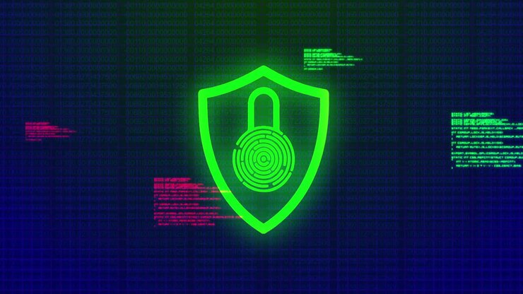 Digital animation shows a glowing padlock for online security on a blue background.