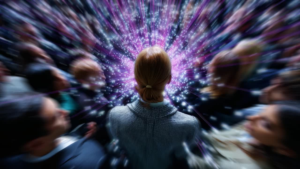 A Central Figure Engulfed in a Sea of People, Radiating Energy and Sparkling Lights, Capturing an Atmosphere of Connection and Excitement in a Dynamic Social Environment