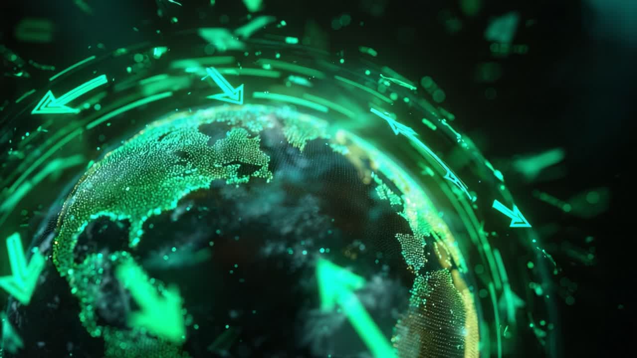 Glowing green particle Earth rotating in space with arrows circling it, representing global communication, recycling, technology, and environmental concepts against a dark, abstract background