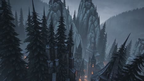 mysterious gothic townscape with illuminated street lamps emerging from a dark forest at dusk, with snowy mountain peaks and pine trees surrounding the village