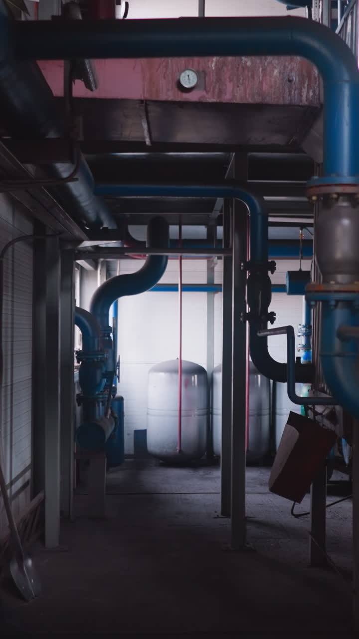 Empty aisle with blue gas pipes and large tanks in boiler house. Industrial utilities installed in contemporary mechanical room. Heating system