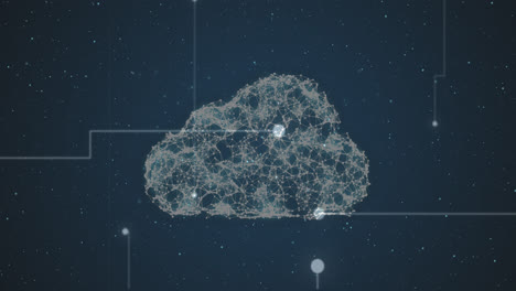 cloud icon of network of connections against light trails against blue background