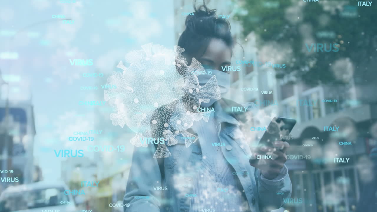 Animated Covid-19 concept with virus, countries, and masked woman on phone.