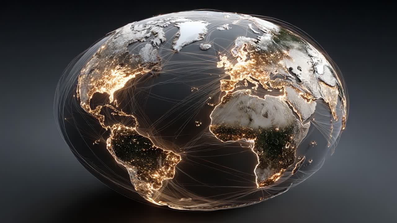 Una straordinaria visualizzazione digitale della Terra che evidenzia la connettività globale attraverso punti di riferimento illuminati e linee di rete dinamiche che rappresentano il flusso di dati.