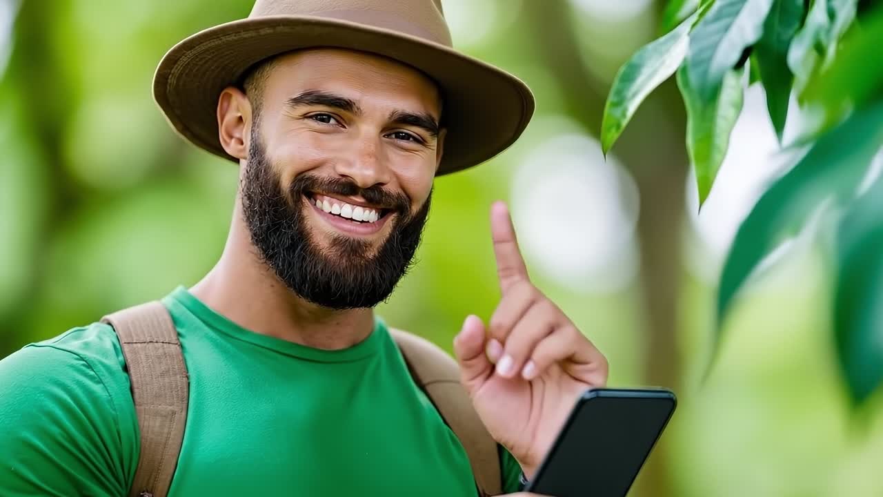 A man in a hat pointing at a cell phone