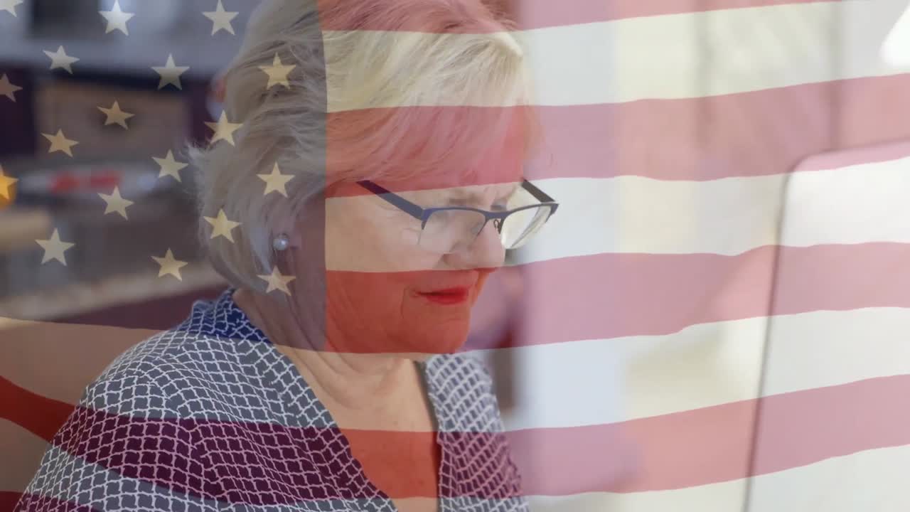 Animering av äldre kaukasisk kvinna över USA:s flagga