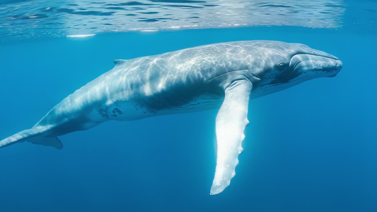 A graceful whale swims effortlessly beneath the surface of crystal-clear blue waters surrounded by sunlight. The animal moves with ease, showcasing its powerful body and distinct features. Sunlight filters through the water, creating beautiful reflections and illuminating the scene. This encounter w