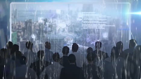 red de conexiones a través de un grupo de personas que ven el procesamiento de datos de la interfaz digital