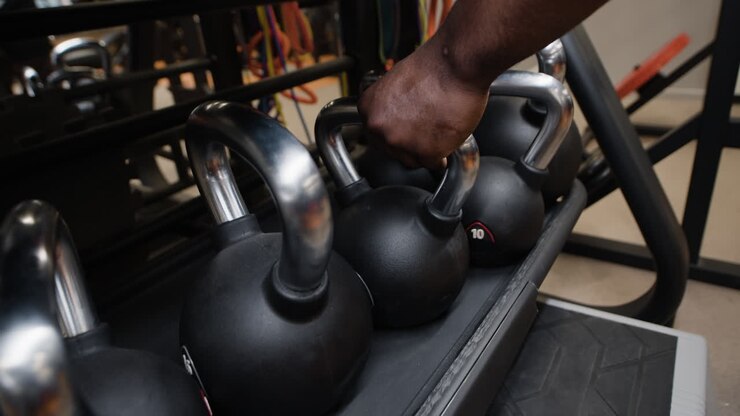 Person handling kettlebells in a gym